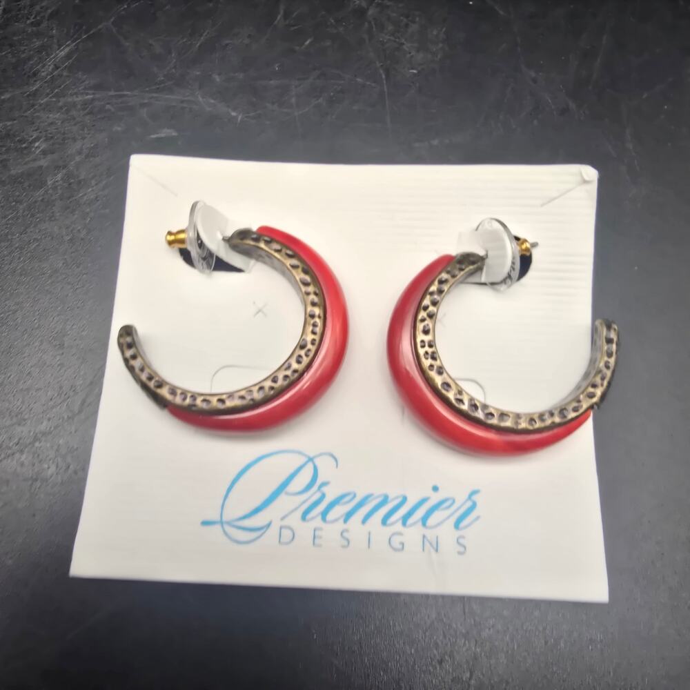 Premier Designs Red Hoop Earrings Brutalist Hammered Bronze Tone NWT NOS